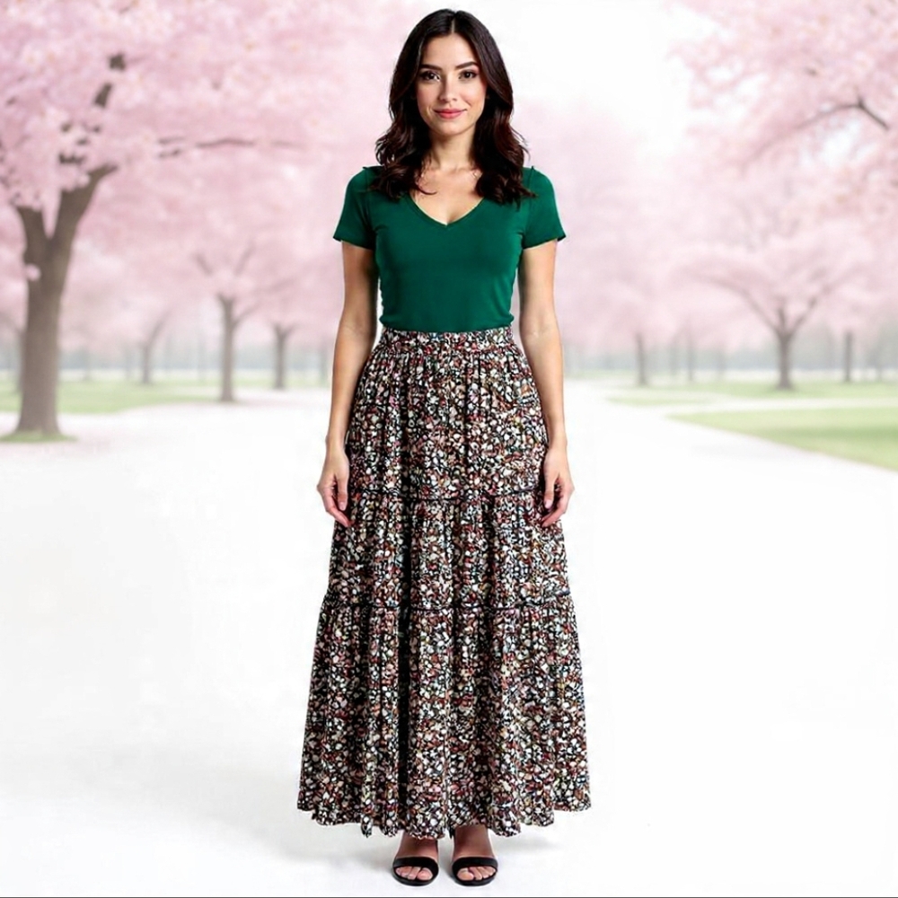 M🌸Vintage Multicolor Floral Maxi Skirt